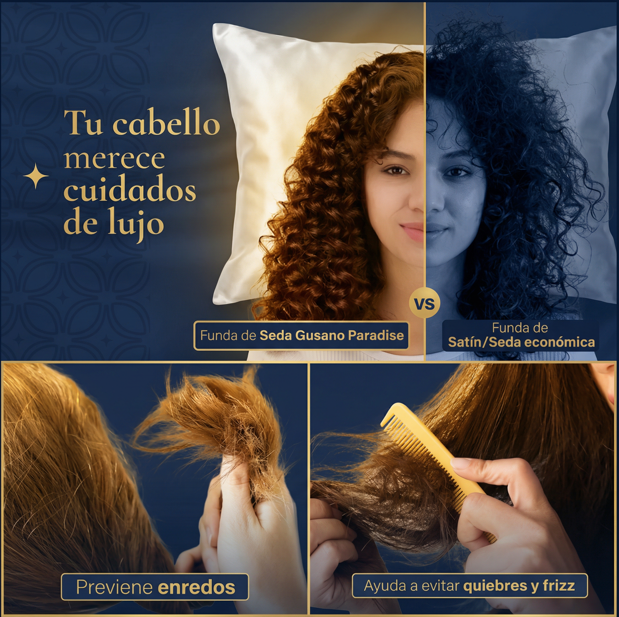 Antes y después usando funda de seda Paradise — menos arrugas de sueño y frizz