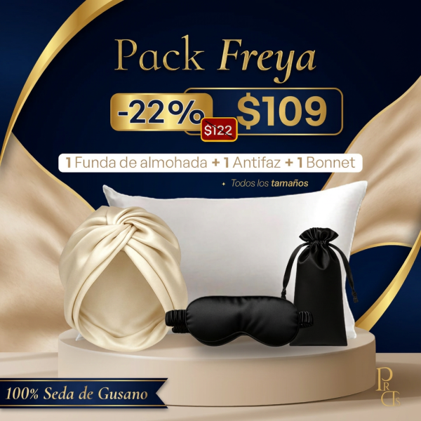 Pack Freya: funda, bonnet y antifaz de seda